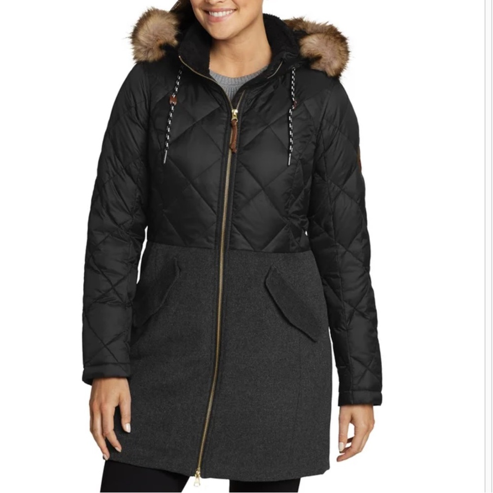 Eddie Bauer Black and Gray Puffer Coat with Faux Fur Hood (knee length)